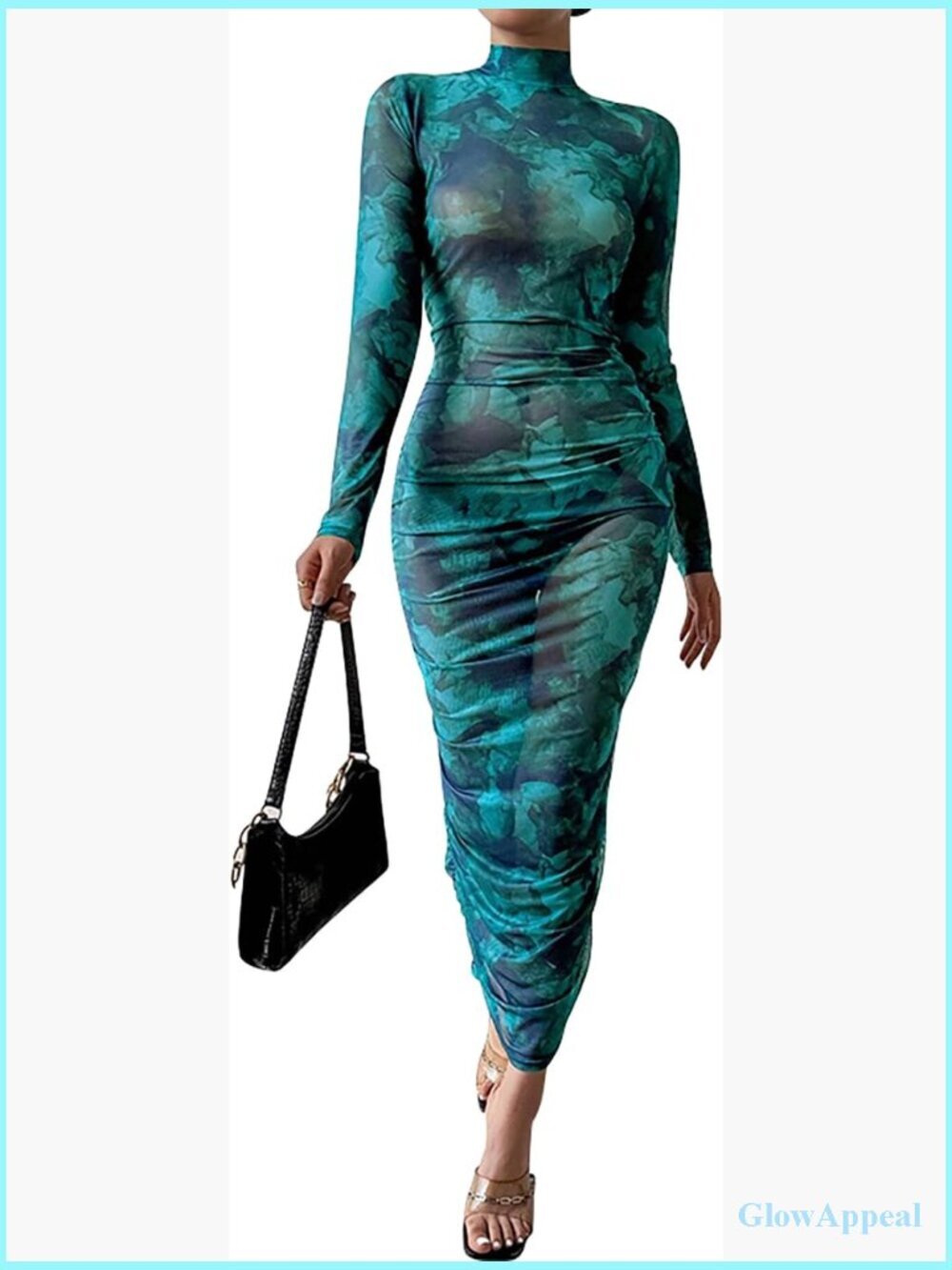Sheer Mesh Bodycon Long Sleeve Maxi Dress Ruched See Through Slim Fit Club